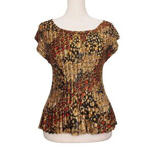Vintage Plisse Satin Scoop Neck Top Gold and Red All Over Print